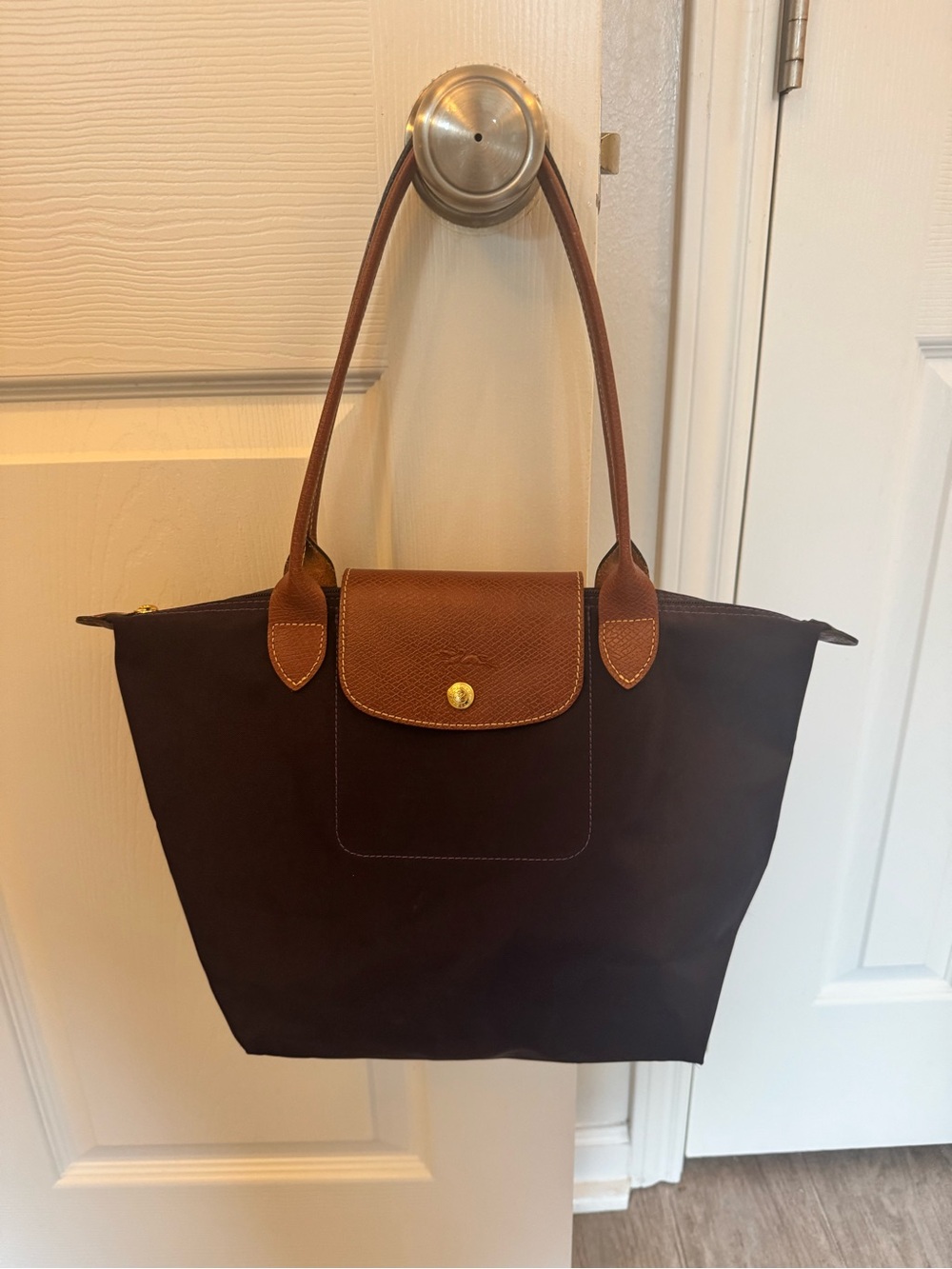 Longchamp Le Pliage Purple Long Handle Medium Tote